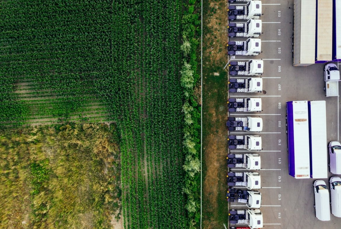 parked vehicles on parking lot near plant field